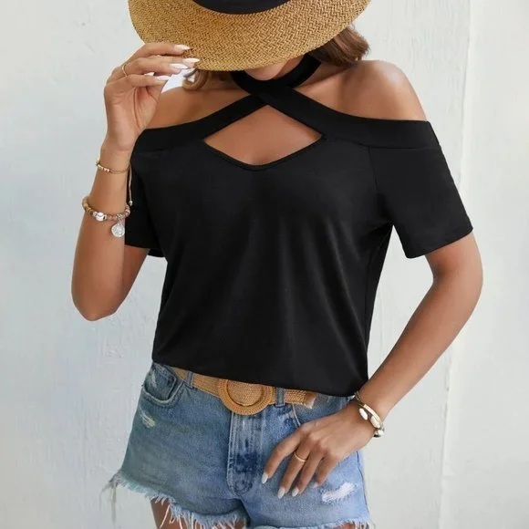 Black casual  Womens Criss Cross Cold Shoulder Tee - Picture 3 of 5